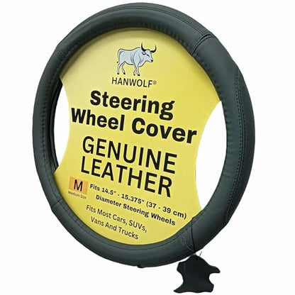 Steering Wheel Cover, Black, Real Genuine Leather, 15 inch, for Men and Women, Universal, Stretch On, Heat Resistant, Stays Cool, Non-Slip, HANWOLF - color: Black, size: Medium (14.5 to 15.375 inch diameter)