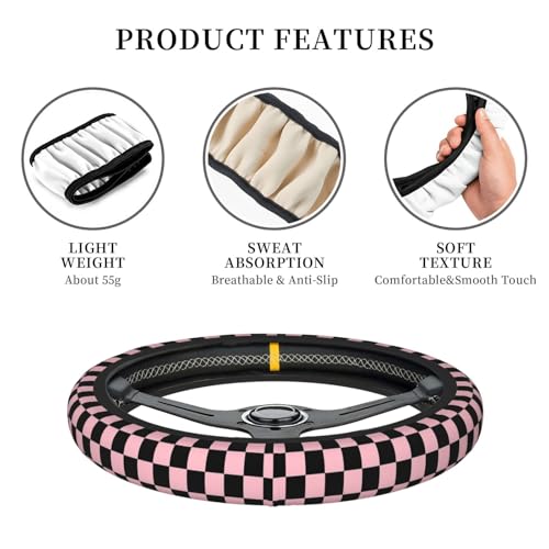 Pink and Black Checkered Steering Wheel Cover for Women, Universal Auto Steering Wheel 14-15 Inch Car Interior Accessories with 2PCS Car Coasters, Suitable for Men and Women - color: Pink red2