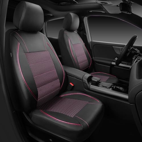 CAR PASS Piping PU Leather Car Seat Cover Full Set,Inside Zipper Design and Reserved Opening Holes，Airbag Compatible,Universal FIT for Car, SUVs,Van,Trucks（Full Set, Black & Pink） - color: Black and Pink