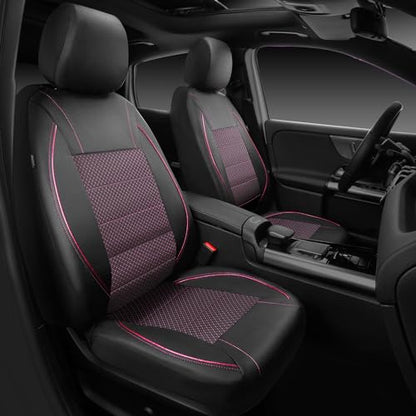 CAR PASS Piping PU Leather Car Seat Cover Full Set,Inside Zipper Design and Reserved Opening Holes，Airbag Compatible,Universal FIT for Car, SUVs,Van,Trucks（Full Set, Black & Pink） - color: Black and Pink