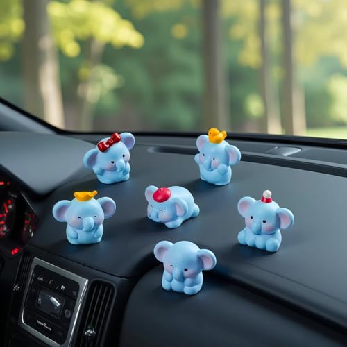 6 Pcs Mini Resin Elephants Cute Car Accessories, Funny Car Rear View Mirror & Dashboard Decorations, Adorable Car Interior Ornaments for Men Women - color: Set of 6
