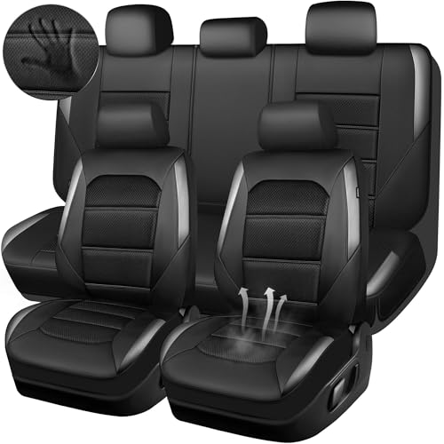 CAR PASS Memory Foam Car Seat Covers Full Set,Breathable Mesh Thick Seat Covers for Car,Gray Metal Film Leather Seat Covers,Universal Automotive Comfort for Most Car,Truck,Airbag Compatible,Black Gray - color: Black/Grey, size: Full Set
