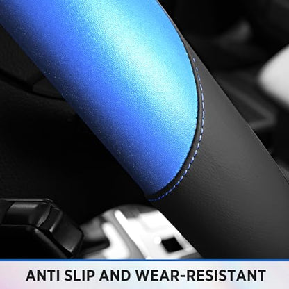 Road Comforts Steering Wheel Cover – Breathable Leather Steering Wheel Cover, Anti-Slip Grip, Universal Fit 14.5” to 15”, Heat & Cold Resistant for Cars, SUVs, and Trucks – Black & Metallic Blue - color: Black&Metallic Blue