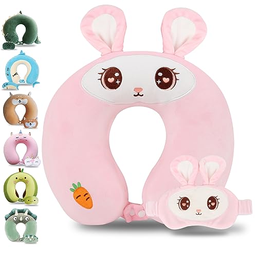 Sexysamba Cartoon Headrest & Neck Pillow for Kids Boys & Girls, Teens, Travel Accessories for Airplane, Car, Recline, Memory Foam Cute Travel Pillow with Sleep Eye Mask - Pink Rabbit - color: Pink Rabbit