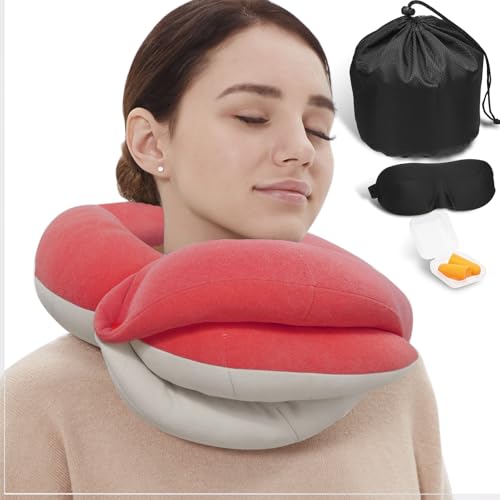 BUYUE Travel Neck Pillows for Airplanes, Memory Foam 360° Head Support Sleep for Long Flight, Skin-Friendly & Breathable, Kit with Eye Mask, Earplugs and Storage Bag (Adult, Pink, 90+ lbs) - color: Pink, size: Adult