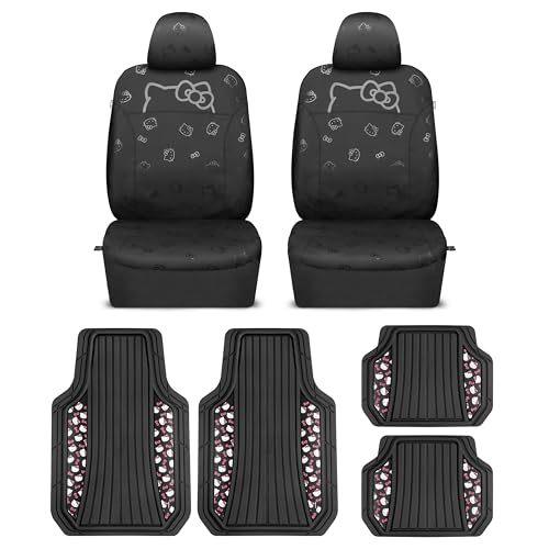 Carbella Hello Kitty PU Leather Car Seat Covers & Rubber Floor Mats Set - Black Front Seat Covers with 4pc Heavy Duty Non-Slip Car Mats for Cars Trucks SUV, Cute Hello Kitty Car Accessories for Women - color: Covers & Rubber Mats-Black, style: Hello Kitty