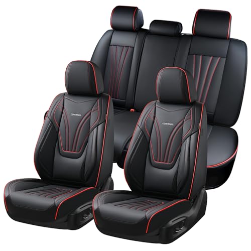 Coverado Car Seat Covers Full Set, 5 Piece Car Seat Protector with Lumbar Support & Removable Headrest, Breathable Leather Front Rear Seat Cushion Universal Fit for Truck Automotive Black & Red - color: Lumbar-Black&Red, size: Full Set