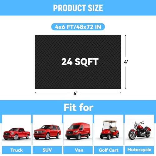 4x6 FT Garage Floor Mat, 2.8mm Thickened PVC Flooring Roll for Under Car, Golf Cart Parking Mat, Diamond Plate Black Motorcycle Mat for Warehouse, Basement, Gyms, Trailer（Included Tapes）