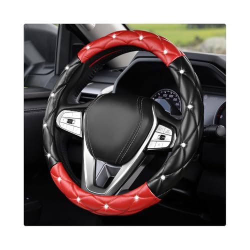 Bling Car Steering Wheel Cover, 15 Inch Diamond Leather Anti-Slip Auto Steering Wheel Protector, Cute Sparkly Rhinestones Wheels Cover Automotive Decoration for Women Girl (Black & Red) - color: Black & Red