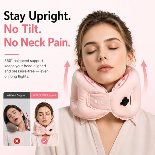 SUFU Ultra-Light Travel Neck Pillow - 68g Lighter Than Phone, 360° Neck Support, Adjustable Softness, 2-in-1 Inflation & Storage, Ideal for Airplane/Business Travel,Pink