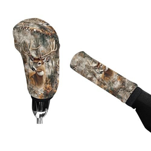 Deer Car Gear Shift Knob Cover & Handbrake Cover Hunting Camo Forest Car Shift Knob Cover Hand Brake Protection Interior Inter Accessories - color: Deer Hunting Camo Forest