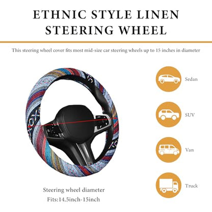 Boho Steering Wheel Cover, 15 Inch Coarse Flax Cloth Ethnic Style Anti-Slip Car Wheel Wrap, Universal Breathable Bohemian Steering Wheel Protector for Cars Vans Trucks (D) - color: D