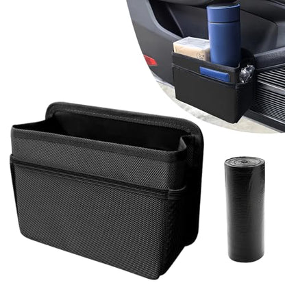 Car Trash Can, Foldable Mini Car Trash Can with 1 Roll Garbage Bag, Hanging Vehicle Garbage Organizer Holder, Automotive Interior Accessories Waterproof Storage Box (Black)