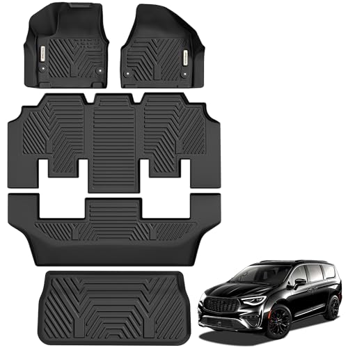 YITAMOTOR Floor Mats for Chrysler Pacifica 2017-2026 7/8 Passenger (No Hybrid) & Voyager 2020-2026, Custom Fit All Weather Anti-Slip TPE Rubber Automotive Accessories, 3 Row & Cargo Liner Set, Black - style: 17-26 Chrysler Pacifica Floor Mats & Cargo Line
