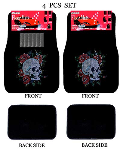 Universal Fit Car Truck Front/Rear 4-Piece Full Set Crystal Bling Rhinestone Design Studded Black Carpet Floor Mats (Happy Skull-Black) - color: Happy Skull-Black