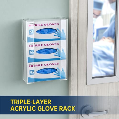 NiHome Multi-Tier Clear Acrylic Wall Mount Glove Box Holder Tissue Box Dispenser for Kitchen, Bathroom, Garage, Lab, Salon, Space-Saving Adjustable Organizer for Gloves, Tissues, Baby Wipes (3-Tier)