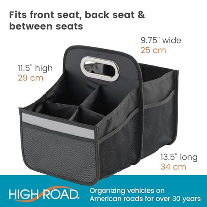 High Road Car Caddy with Cup Holders - Front Seat Organizer for Drivers or Back Seat Organizer for Kids - Portable Car Organizer with Easy One-Handed Carry Handle