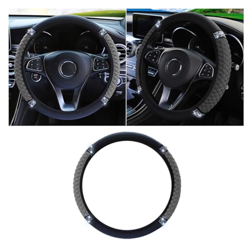 Bling Soft Leather Steering Wheel Cover, 15 Inch Colorful Rhinestones Auto Elastic Protector with Crystal Diamond for Women Girls, Car Accessories for Most Cars, SUVs (Grey) - color: Grey