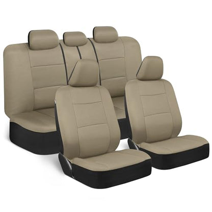 BDK OS-309-AB Tan Trim Black Car Seat Covers Full 9 Piece Set, Sleek & Stylish, Split Option Bench 5 Headrests Front & Rear Bench, Beige - color: Beige