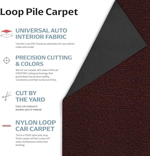 Automotive Loop Pile Carpet, Car Upholstery for Floor Mats, Trunk, Dashboard, Speaker Box, Door Panel, Replacement Carpeting for Vehicle Interior, Truck, Boat, 40”W (Maroon)