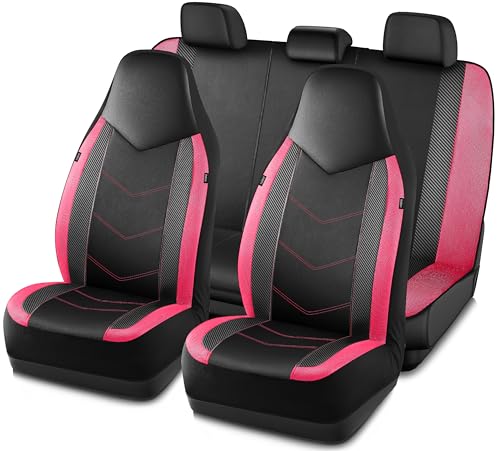 PIC AUTO Leather Car Seat Covers, Sports Carbon Fiber & Mesh Design, High-Back Front & Rear Full Set, Waterproof Automotive Seat Covers, Airbag Compatible, Universal Fit for Most Cars (Black&HotPink) - color: HotPink, size: Full Set
