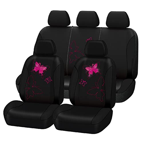 Flying Banner Butterfly car seat Covers ful Set Fashion Universal Lady Woman Female Rear Bench Split Colorized (Black Rose Red, Full Set - Lace) - color: Black Rose Red Lace, size: Full set