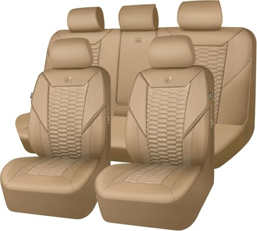CAR PASS 3D Foam Mesh Leather Car Seat Covers Full Set, Tan Breathable Mesh Faux Leather Seat Covers for Car, Universal Fit for SUV Truck Sedan Automotive, Armrest Airbag Compatible, All Beige - color: All Beige, size: Full Set