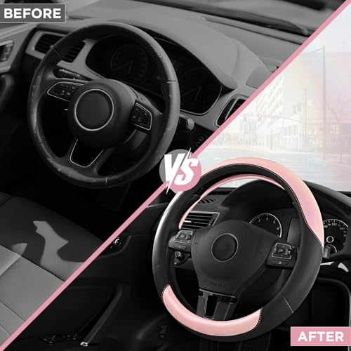 Road Comforts Steering Wheel Cover – Breathable Leather Steering Wheel Cover, Anti-Slip Grip, Universal Fit 14.5” to 15”, Heat & Cold Resistant for Cars, SUVs, and Trucks – Black & Shining Pink - color: Black&Pink