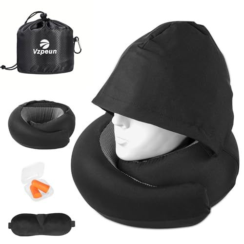 Travel Pillow - Hooded Neck Pillow Airplane Memory Foam Filling for Plane, Office, Cars Sleeping, Road Trip, Long Flights, Airplane Travel Essentials, Includes Eye Mask & Earplugs (Black) - color: Black