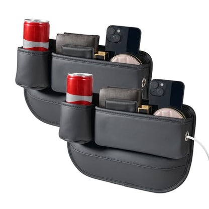 2 Packs Universal Fit Car Seat Gap Filler Organizer, Premium Leather Anti-Drop Car Side Gap Storage with Cup Holder for Phone, Keys, Sunglasses & Drinks (Black) - color: Black