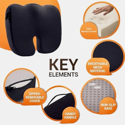 Premium Memory Foam Seat Cushion with Carrying Bag & Cooling Gel for Office Chair, Wheelchair, Travel, Car Seat, Gaming Chair for Coccyx & Tailbone Pain, Back Pain Relief, Sciatica Support