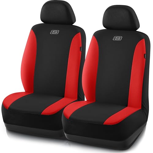Skechers Seat Covers, Premium Breathable Polyester Seat Covers, Car Seat Covers Front Seats Airbag Compatible, Automotive Comfort for Most Cars, Vans, Trucks, SUVs (Two Front,Red) - color: Black and Red, size: Two Front