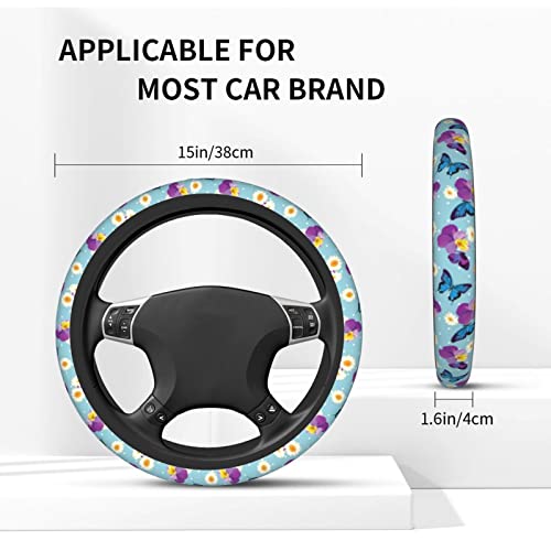 Blue Butterfly Steering Wheel Cover for Women Men with 2 Pcs Car Coasters, Universal 14.5-15 Inch Cute Steering Wheel Covers Non-Slip Car Accessories for Girls - color: butterfly