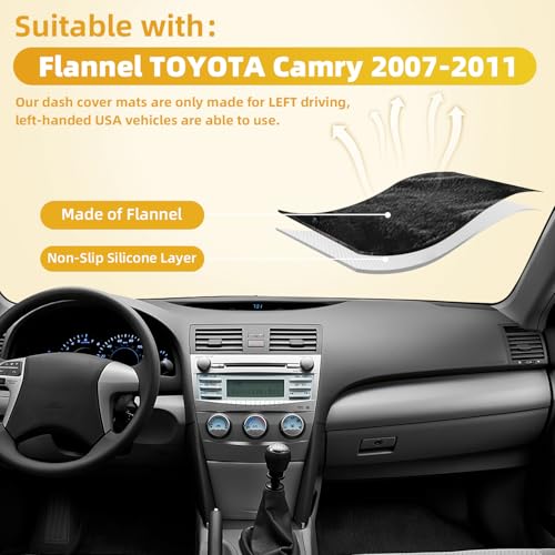 Dashboard Flannel Dash Cover Mat for Toyota Camry 2007 2008 2009 2010 2011 Flannel Polyester Custom Fit Toyota Camry Accessories Dash Cover Black Trim (Camry 2007-2011, Black) - size: Toyota Camry Flannel 2007-2011