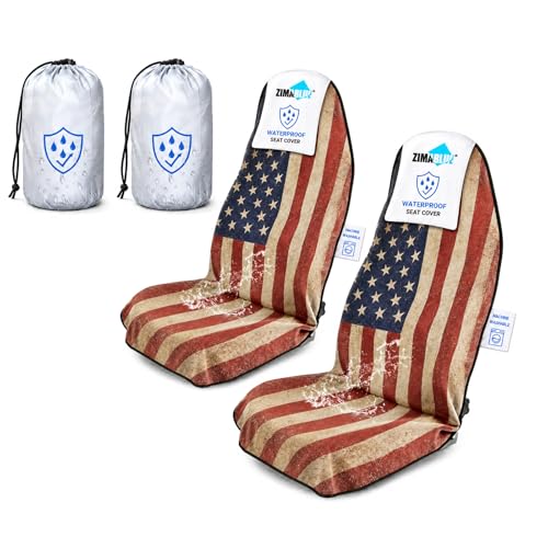 ZIMABLUE 2 Pack American Flag Waterproof Towel Car Seat Covers, Sweatproof Non-Slip Seat Protector, Machine Washable Universal Front Bucket Seat Covers for Cars, SUVs, Gym, Beach, Sports & Pets - color: American Flag, size: 2 Pack Front Seats