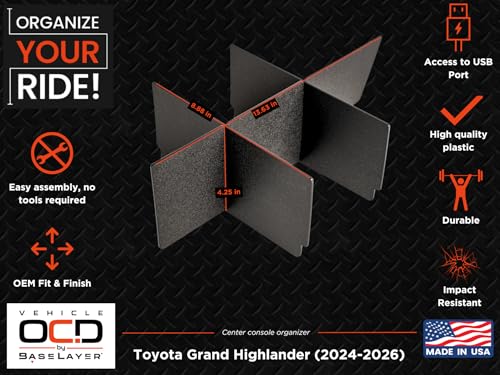 Center Console Organizer for Toyota Grand Highlander (2024-2026) - Made in USA - SLX198 - size: Grand Highlander 2024-2026
