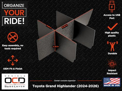 Center Console Organizer for Toyota Grand Highlander (2024-2026) - Made in USA - SLX198 - size: Grand Highlander 2024-2026