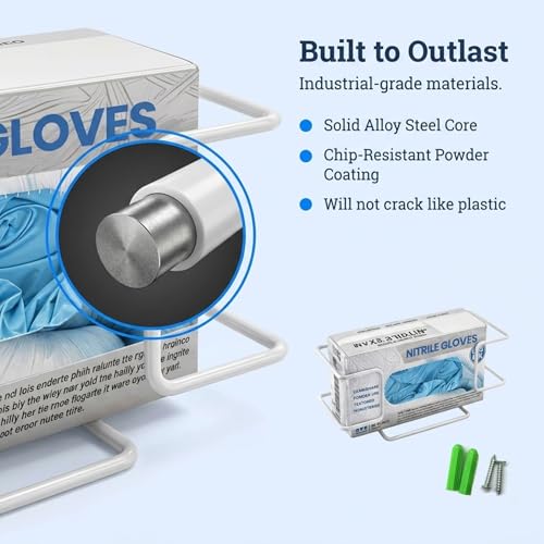 Disposable Glove and Facial Tissue Wire Rack, Dispenser, Wall Mount Design with Mounting Accessories Included, White Durable Metal Organizer Glove Holder for Home, Lab, Office and Food Service