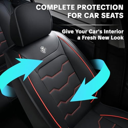 Car Seat Cover Full Set Sets, Universal Car Seat Covers for Cars, Premium Waterproof Leather, Protect & Upgrade Car Interior, Compatible with Airbags, Easy to Install & Clean Up - color: black & Red Edges