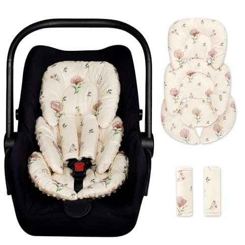 Infant Car Seat Insert with 2 Strap Pads, Super Soft Carseat Head and Body Support for Baby Boys and Girls, Reversible Newborn Car Seat Insert Cushion for Strollers, Bouncers, Swing, Simple flowers - color: Simple Floral