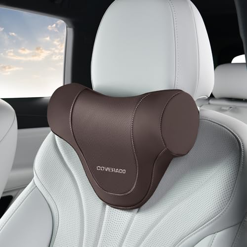 Coverado Car Headrest Pillow, Ergonomic Memory Foam Car Neck Pillow for Driving Seat with Adjustable Strap, Soft PU Leather Breathable Removable Cover Neck Support for Neck Pain Relief - color: Coffee, size: Headrest Pillow