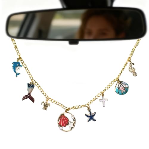 Rearview Mirror Charm for Car Gold Car Mirror Hanging Accessories with Cross Ocean Animal Mermaid Dolphin,Christian Cars Accessories for Women,Auto Charm Faith Decor,Religion Gifts for Drivers - color: Ocean - Mermaid