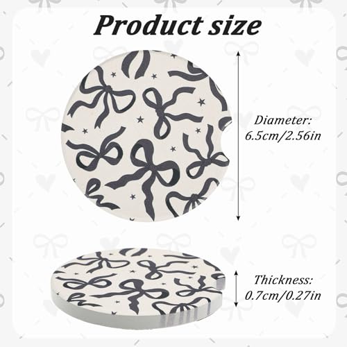 2Pcs Car Coasters for Cup Holders, Black Bow Absorbent Ceramic Car Cup Coaster Universal Anti Slip Cork Base Cup Coasters with Finger Notch Car Interior Accessories for Women