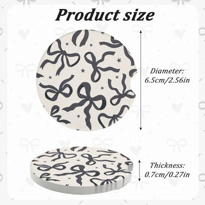 2Pcs Car Coasters for Cup Holders, Black Bow Absorbent Ceramic Car Cup Coaster Universal Anti Slip Cork Base Cup Coasters with Finger Notch Car Interior Accessories for Women