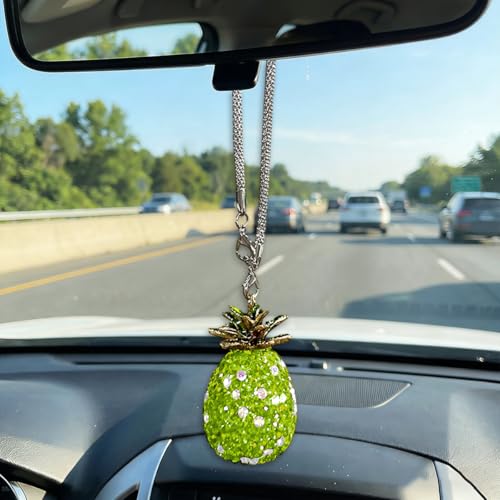 Craedli Bling Pineapple Car Hanging Ornament, Sparkly Rhinestone Automotive Rear View Mirror Charm, Cute Car Mirror Pendant, Universal Vehicle Interior Decorative Accessories for Women (Green) - color: Green