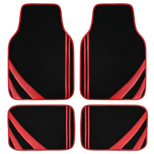 CAR PASS Red Edge Leather Car Floor Mats, Universal Waterproof Car Mats with Double Stitch Line and Anti-Slip Backing Design, for Cute Girly Women, Fit 95% Automotive,SUVs,Sedan,Vans (Black and Red)