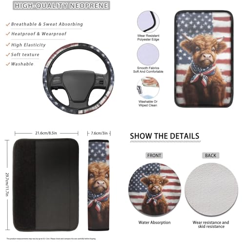 Highland Cattle Print Car Seat Cover Full Sets, Set of 16, American Flag Print Car Front Rear Seat Covers with Steering Wheel Cover Seatbelt Pads Armrest Pads Gear Shift and Handbrake Covers - color: Brown and White - Highland Cattle American Flag