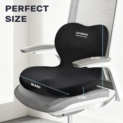 Coverado Car Seat Cushion and Lumbar Support Pillow One Piece, Memory Foam Ergonomic Back Support Driving Seat Cushion for Back Pain, Non-Slip Washable Cushion for Car, Driver, Office