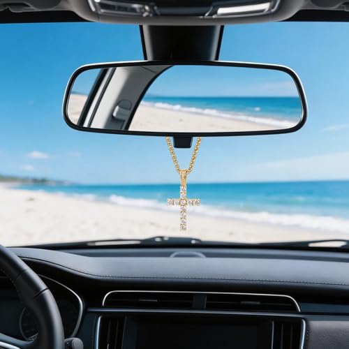 Cavalcade Rhinestone Cross Pendant for Car Rear View Mirror Decor Auto Faith Amulet Sparkly Religious Christian Medal Ornament (Gold) - color: Gold