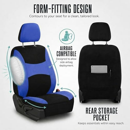 FH Group Full Set Cloth Car Seat Covers , Universal Fit Combo Set with Steering Wheel Cover and Seat Belt Pad for Cars, SUVs and Trucks, Blue - color: Blue/Black
